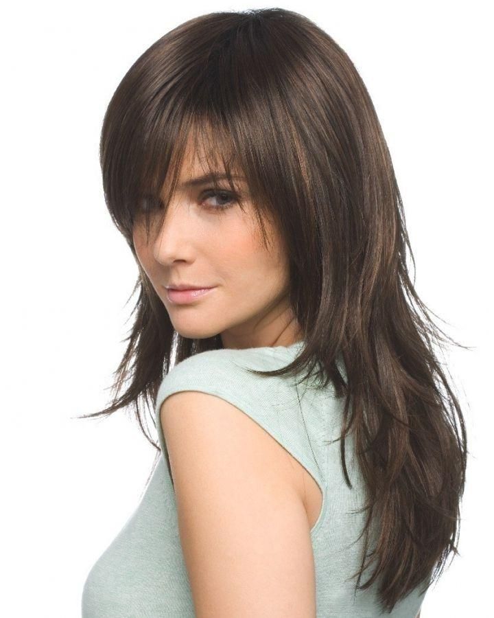 Best And Newest Long Haircuts With Bangs And Layers For Round Faces In 10 Best Hair Images On Pinterest | Make Up, Makeup And Chignons (View 4 of 15)