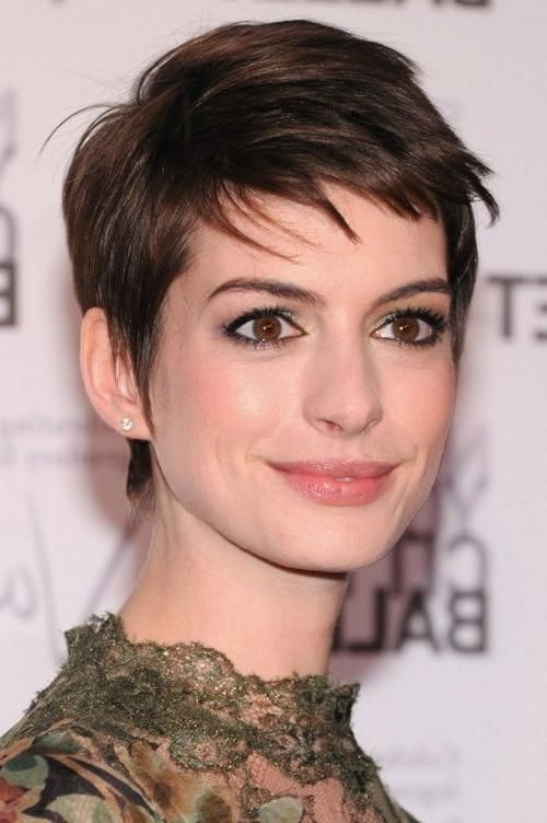 Newest Actress Pixie Haircuts Inside Anne Hathaway Short Haircut: Brown Elfin Pixie Cut With Long Side (View 11 of 20)