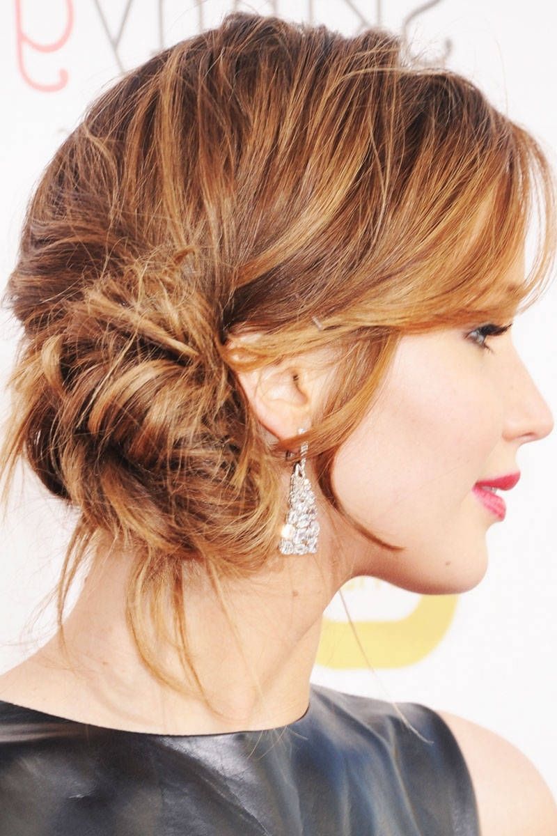 1 Girl, 3 Styles: Jennifer Lawrence | Side Bun Updo, Jennifer With Wedding Bun Updo Hairstyles (View 14 of 15)