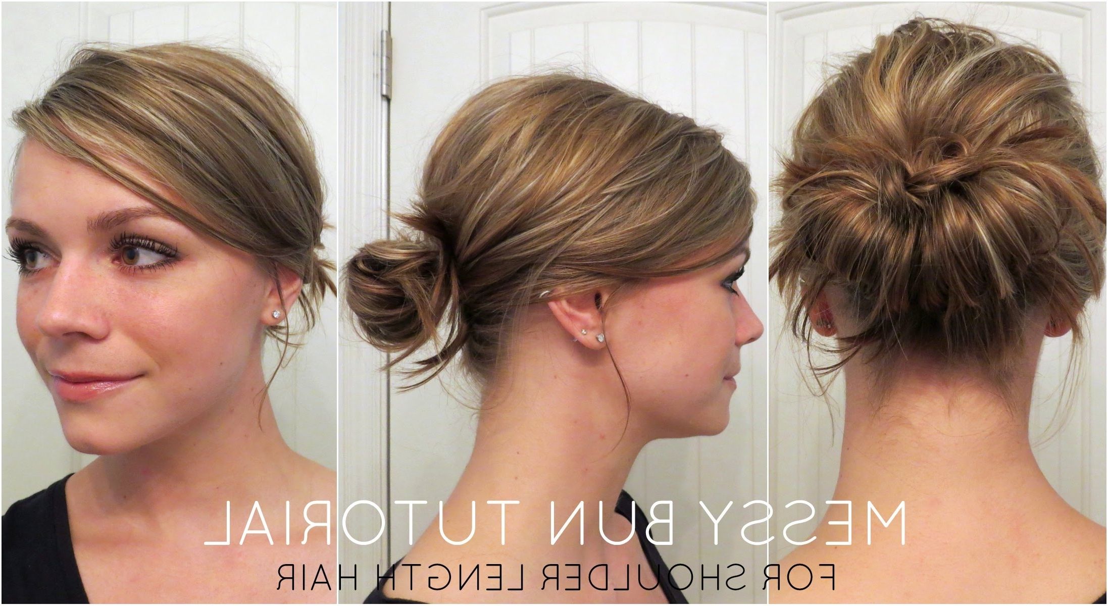 Messy Bun For Shoulder Length Hair – Youtube Throughout Loose Updo Hairstyles For Medium Length Hair (View 11 of 15)