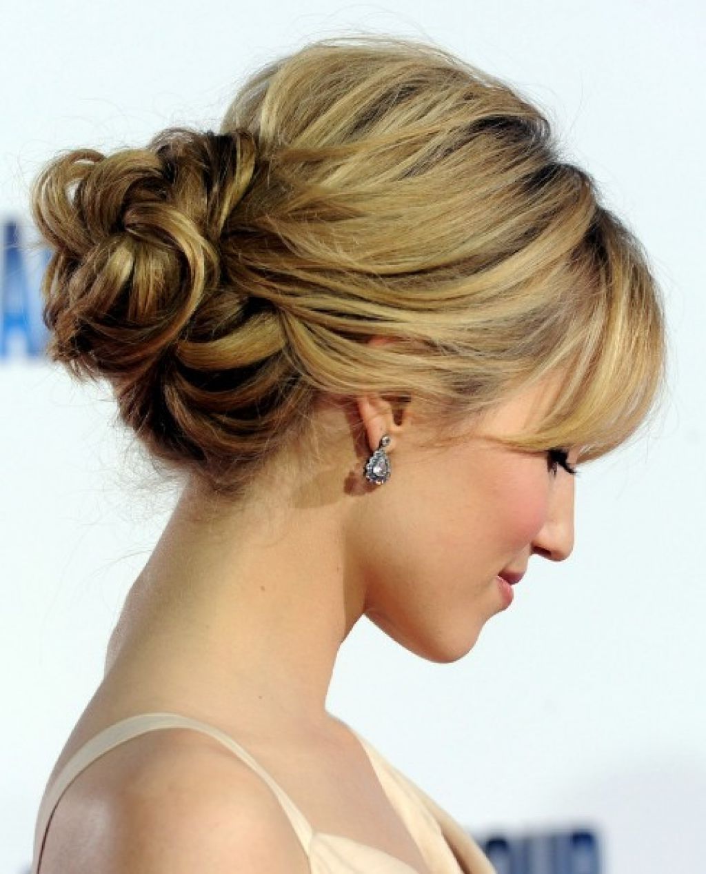 Romantic Loose Low Bun Updo For Wedding From Dianna Agron | Wedding Intended For Low Bun Updo Hairstyles For Wedding (View 2 of 15)