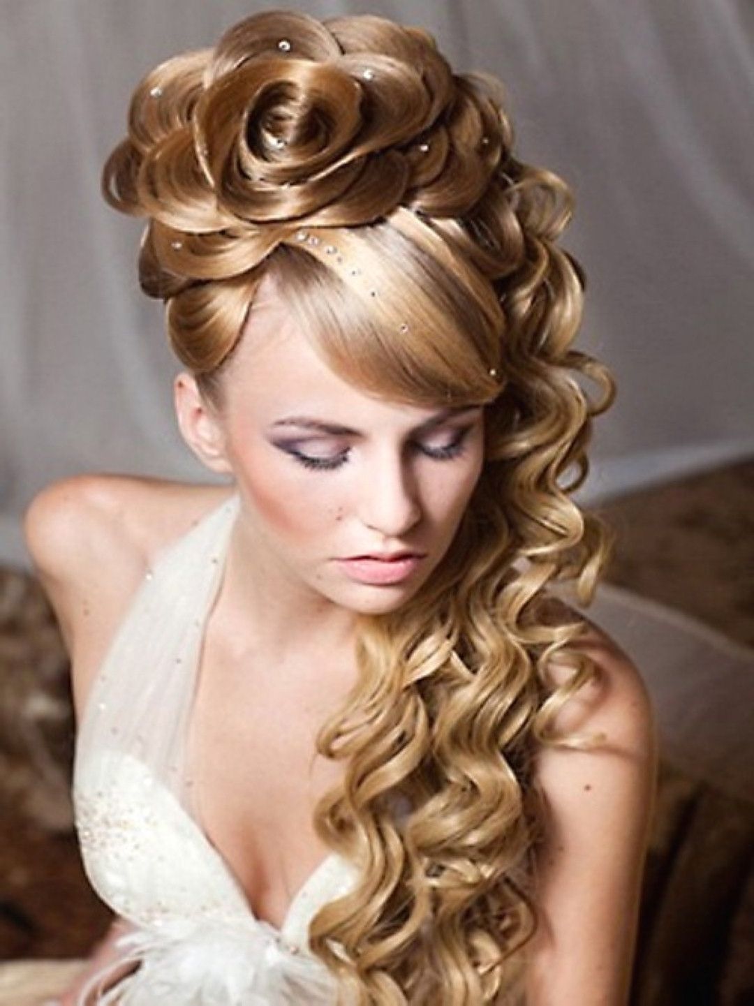 Side Swept Updo Wedding Hairstyles Hair Curly Bridal Curls With Veil Regarding Newest Wedding Hairstyles For Medium Length Hair With Side Ponytail (View 8 of 15)