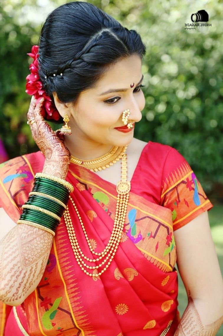 Widely Used Maharashtrian Wedding Hairstyles For Long Hair With Maharashtrian Bride Wearing Traditional Saree And Bridal Jewellery (View 4 of 15)