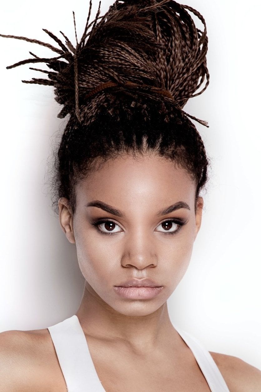 Box Braids Updo Hairstyles: Ultimate Gallery Of Style Ideas For Any Intended For Fashionable Top Knot Bun With Cascade Of Thin Braids (View 11 of 15)