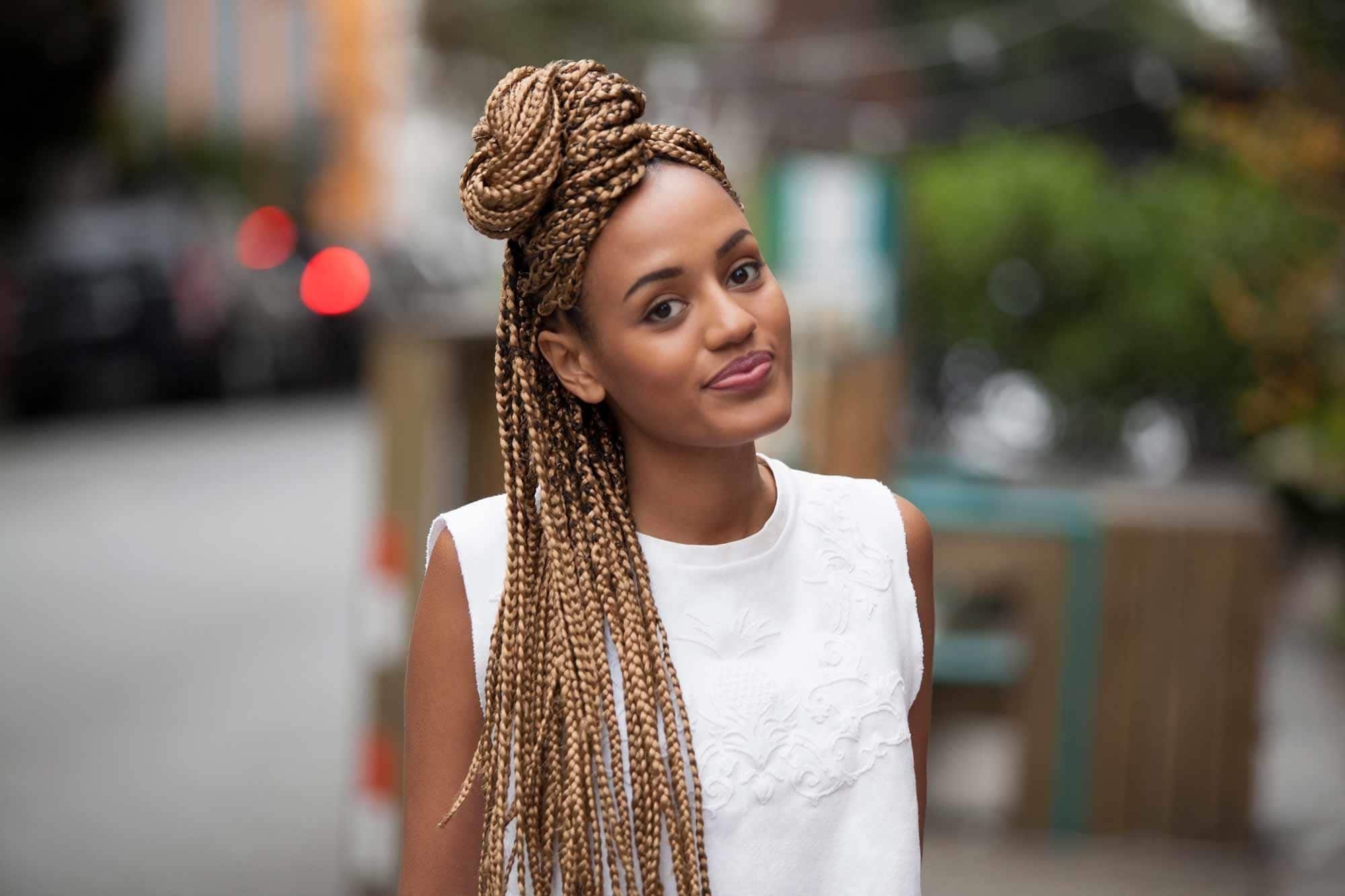 Box Braids Updo Hairstyles: Ultimate Gallery Of Style Ideas For Any Intended For Most Popular Top Knot Bun With Cascade Of Thin Braids (View 1 of 15)