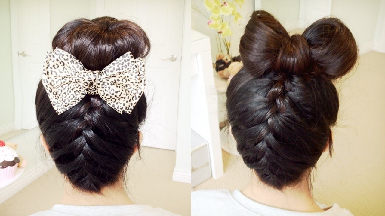 Current Two French Braid Hairstyles With A Sock Bun In Upside Down French Braid Hair Bow + Sock Bun Updo Hair Tutorial (View 1 of 15)