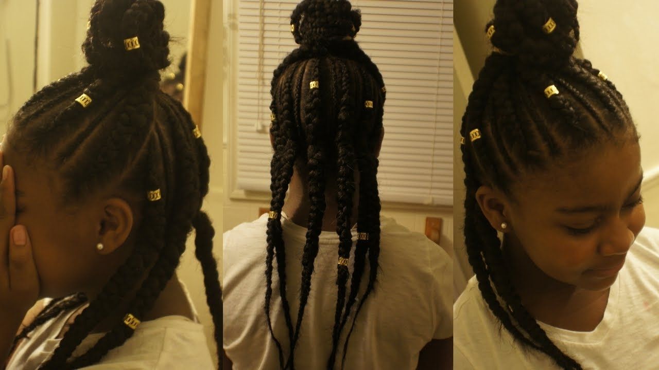 Half Bun Half Down W/ Feed In Braids – Youtube With Regard To Widely Used Feed In Bun With Ghana Braids (View 7 of 15)