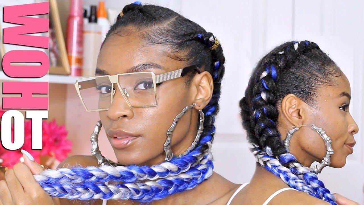Two Cornrows On Natural Hair With Extensions▻blue Feed In Braids Pertaining To Well Liked Cornrows Hairstyles With Extensions (View 13 of 15)