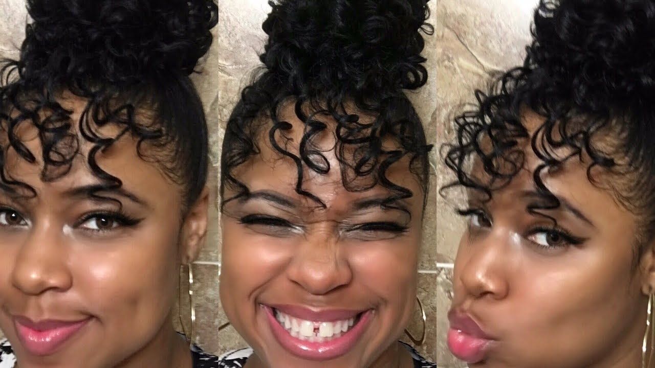 Best And Newest Pineapple Pony Hairstyles With Whirl Bangs With Bang Out This Faux Curly Bang With Bun – Freetress Equal Drawstring (View 18 of 20)