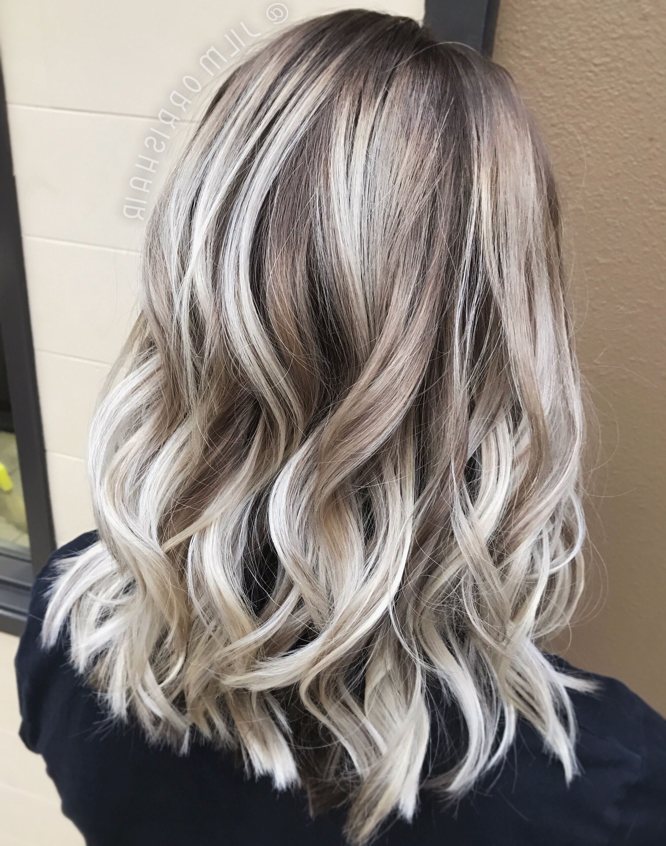 Fashionable Dark Blonde Into White Hairstyles For White Ash Blonde Balayage, Shadow Root, Curls In A Textured Lob (Gallery 2 of 20)