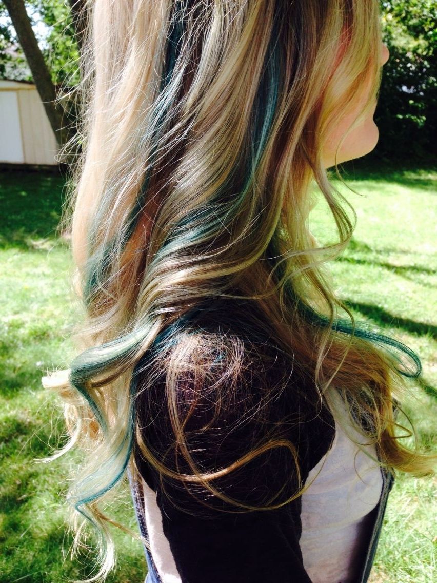 Favorite Blonde Hairstyles With Green Highlights Pertaining To Long Blonde Wavy Hair With Blue Teal Green Mermaid Peekaboo Color (View 6 of 20)