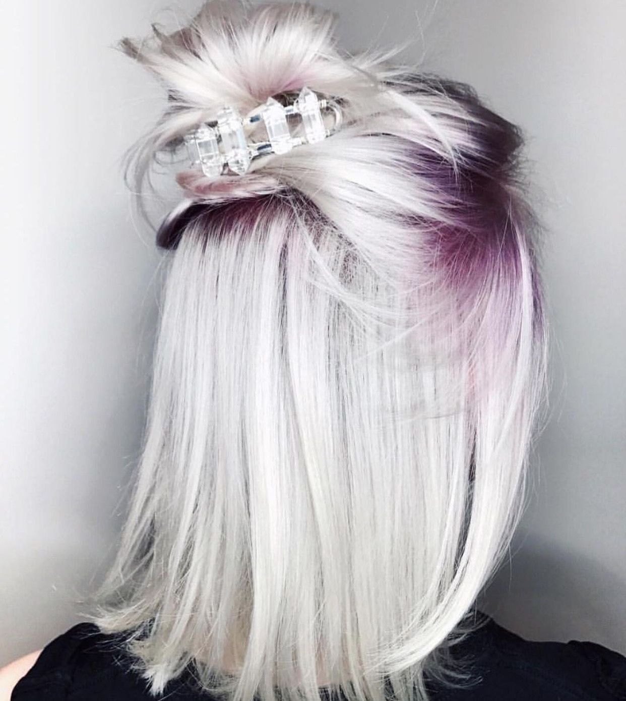 Icy Platinum Blonde Hair With Purple Roots (View 1 of 20)