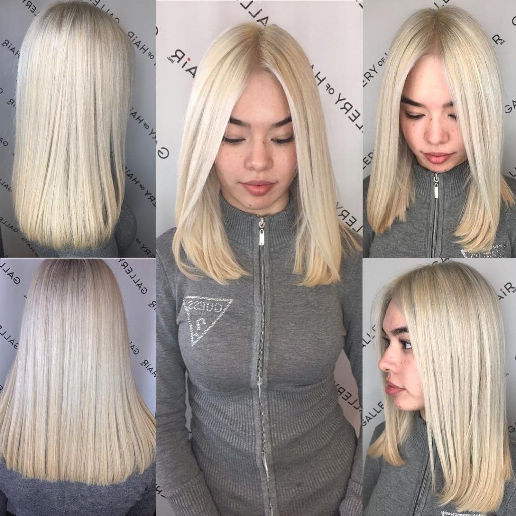 Latest Blonde Lob Hairstyles With Middle Parting Inside Women's Blunt Platinum Blonde Lob With Center Part Medium Length (View 3 of 20)