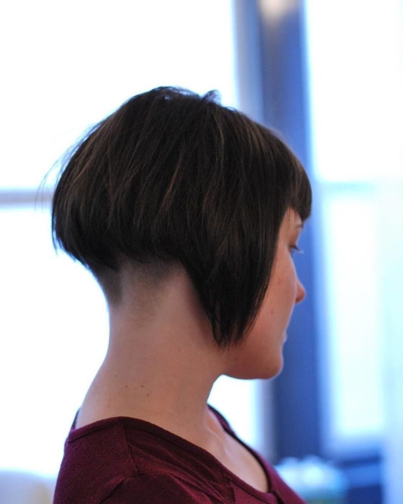 Most Recent Stacked Pixie Hairstyles With V Cut Nape For Women's Short Brunette Retro Shingle Bob With Shaved Nape (View 16 of 20)