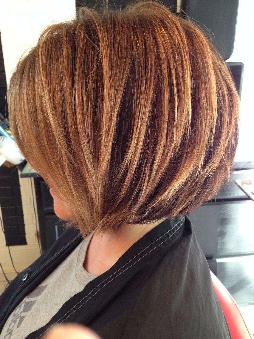 Stacked Bob, Highlighted Brunette, Razored Bob, Soft Highlights Pertaining To Fashionable Voluminous Stacked Cut Blonde Hairstyles (Gallery 15 of 20)