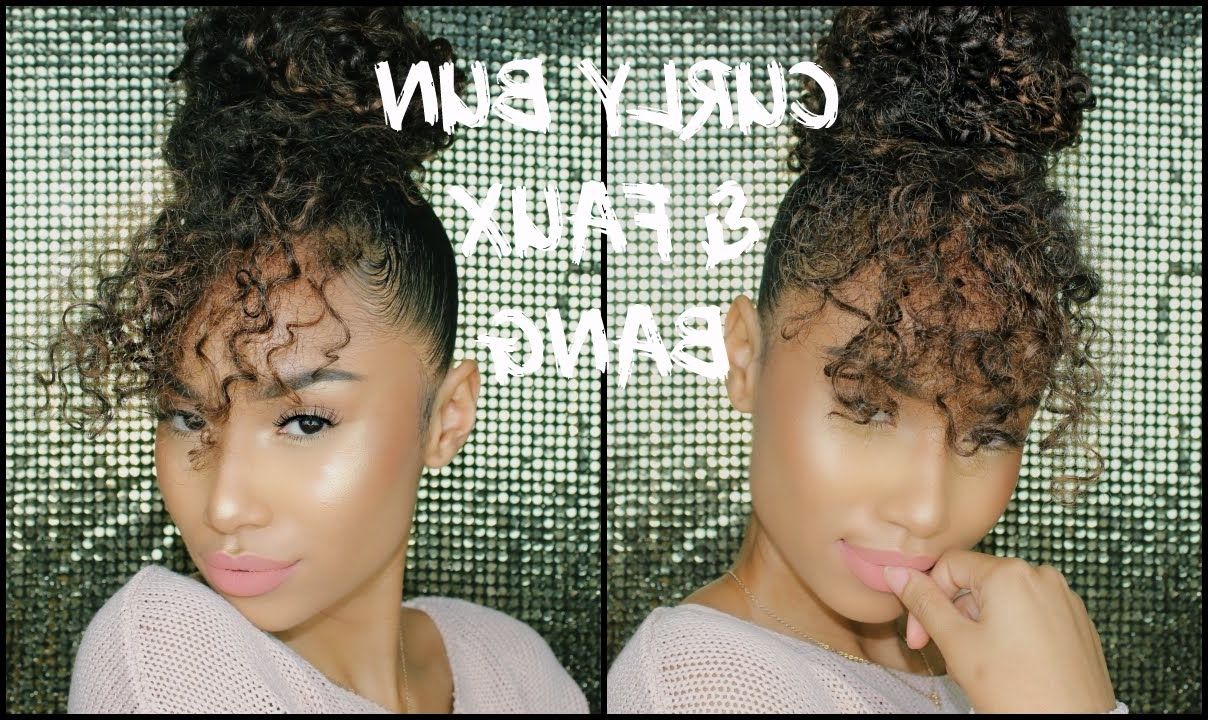 Well Known Natural Curly Pony Hairstyles With Bangs Intended For Faux Curly Bun + Faux Bang (View 17 of 20)