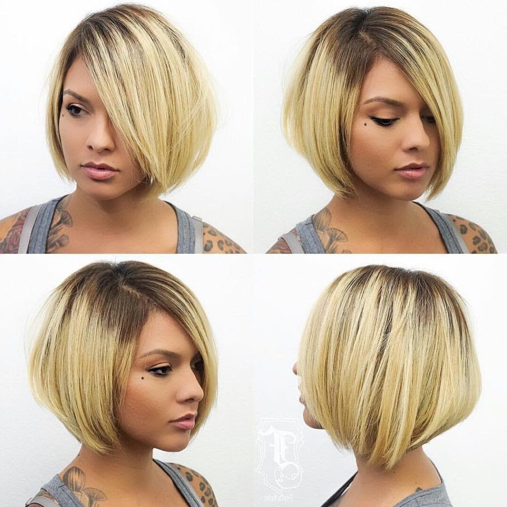 Women's Chic Stacked Bob With Blonde Color And Shadow Roots Short Pertaining To Well Known Rooty Long Bob Blonde Hairstyles (View 18 of 20)