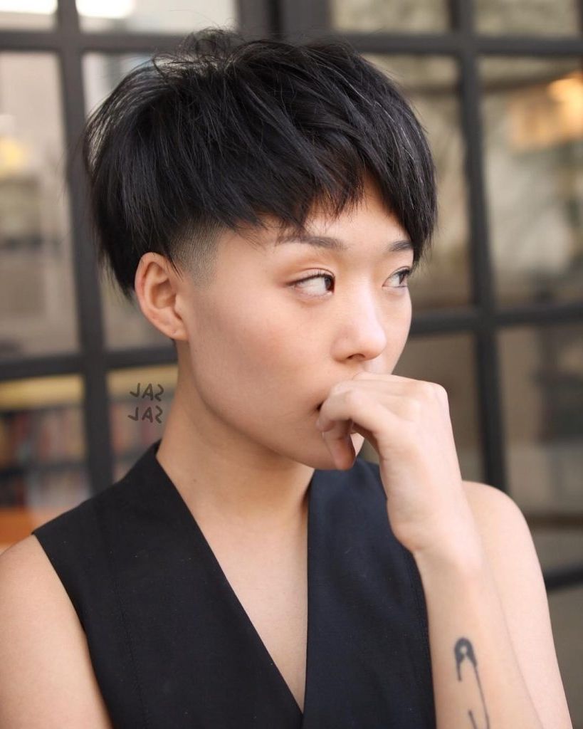 Women's Dark Edgy Bowl Cut With Undercut And Fringe Short Hairstyle Regarding Most Popular Choppy Bowl Cut Pixie Hairstyles (Gallery 19 of 20)