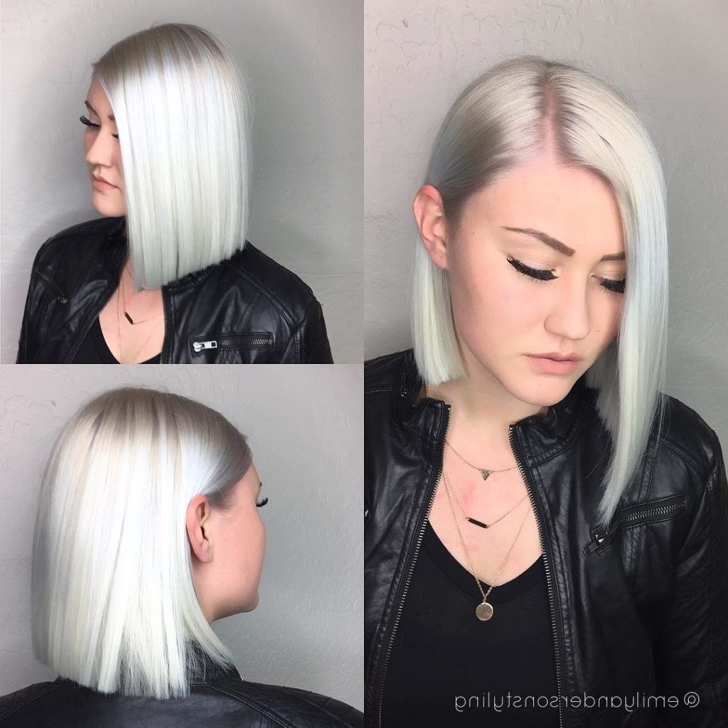 Women's Shoulder Length Platinum White Asymmetrical Blunt Bob Pertaining To Most Recent Platinum Asymmetrical Blonde Hairstyles (View 5 of 20)