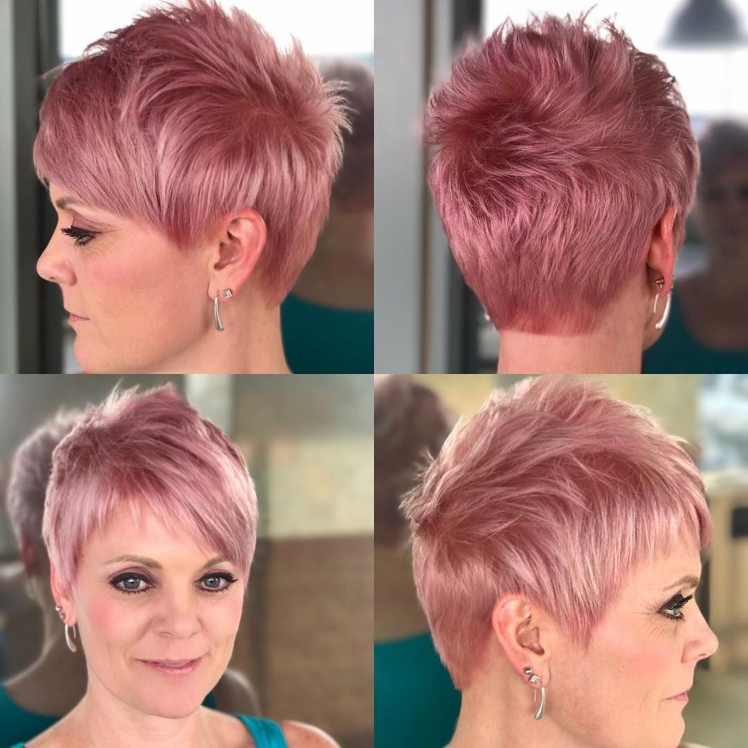 This Pink Pastel Razor Cut Textured Pixie With Asymmetrical Bangs Is With Regard To Pastel Pink Textured Pixie Hairstyles (View 1 of 20)