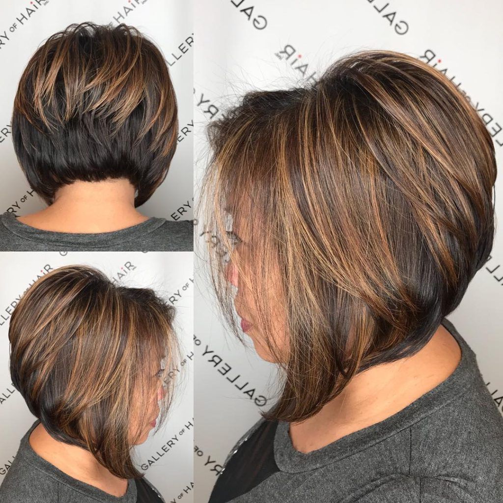 Women's Brunette Stacked Angled Bob With Caramel Highlights Short Pertaining To Short Crop Hairstyles With Colorful Highlights (View 18 of 20)