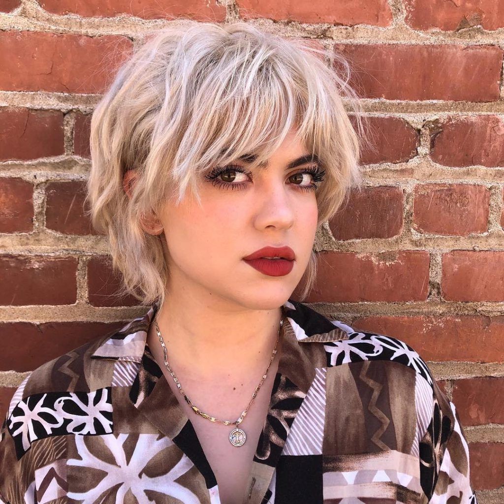 Women's Platinum Short Shaggy Bob With Messy Wavy Texture And Fringe In Wavy Messy Pixie Hairstyles With Bangs (View 18 of 20)