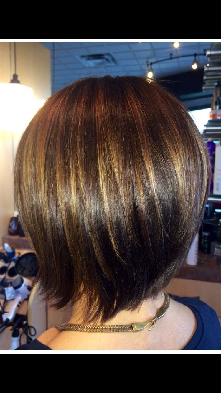 Graduated Bob With Caramel Highlights To Compliment Her Natural Dark Within Brown And Blonde Graduated Bob Hairstyles (View 17 of 20)