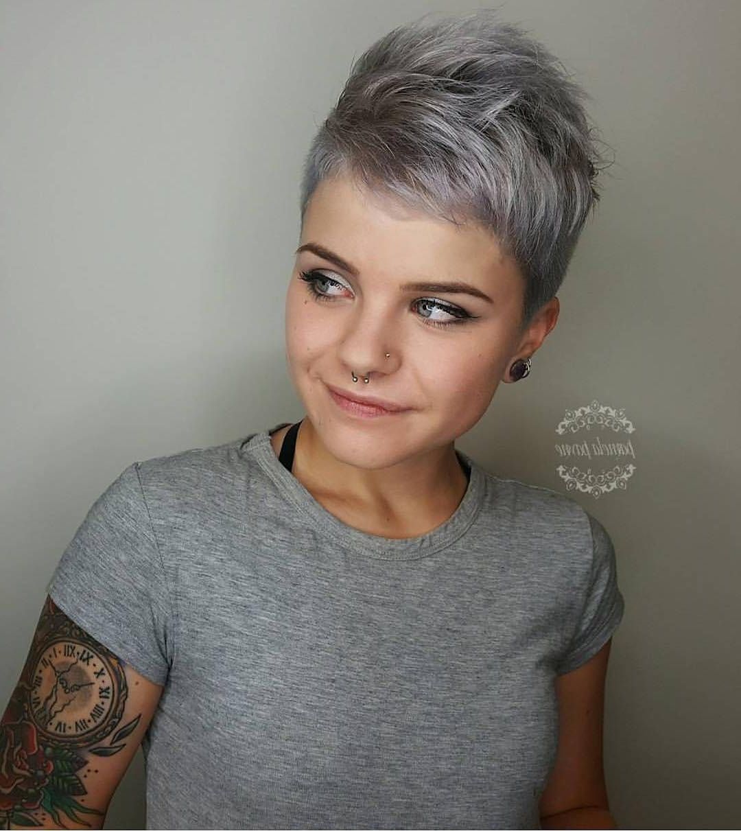 Partially Shaved Pixie Cut With Gray Coloring | Pixie Cuts In 2018 Intended For Ruffled Pixie Hairstyles (View 10 of 20)