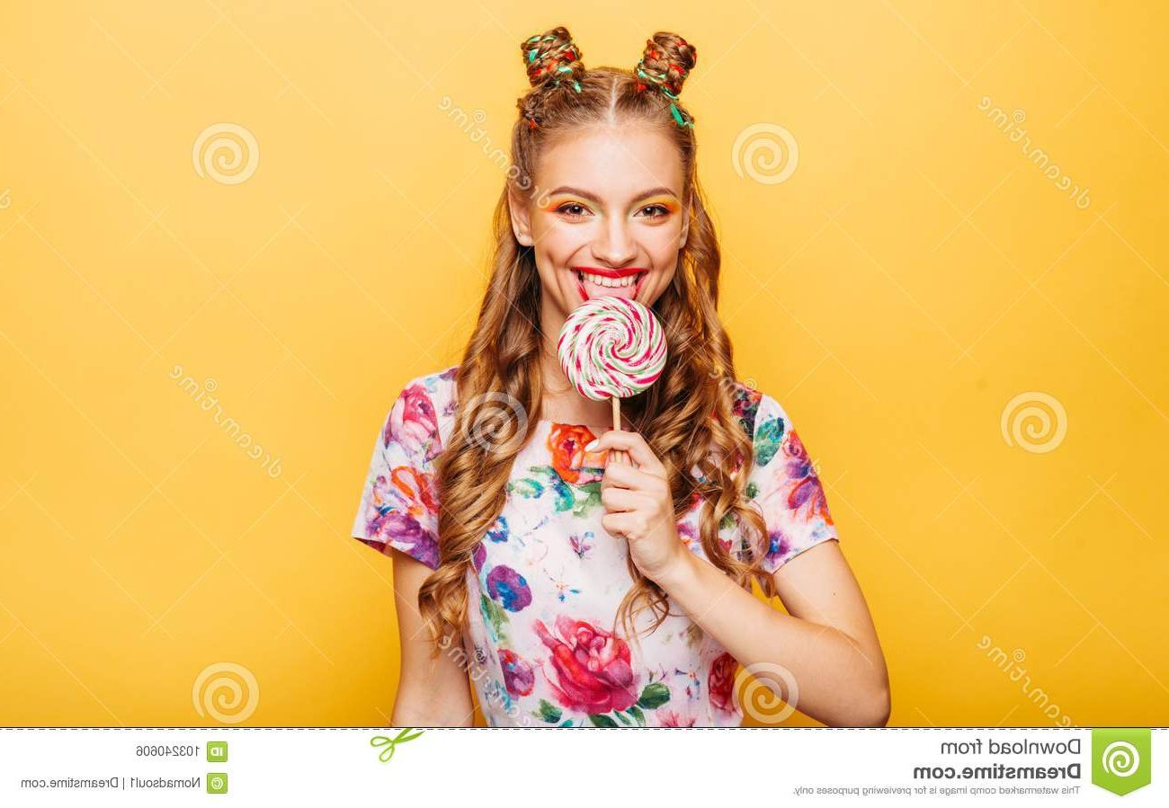 Woman With Playful Look Lick Candy With Tongue Stock Photo – Image Regarding Playful Blonde Curls Hairstyles (View 14 of 20)