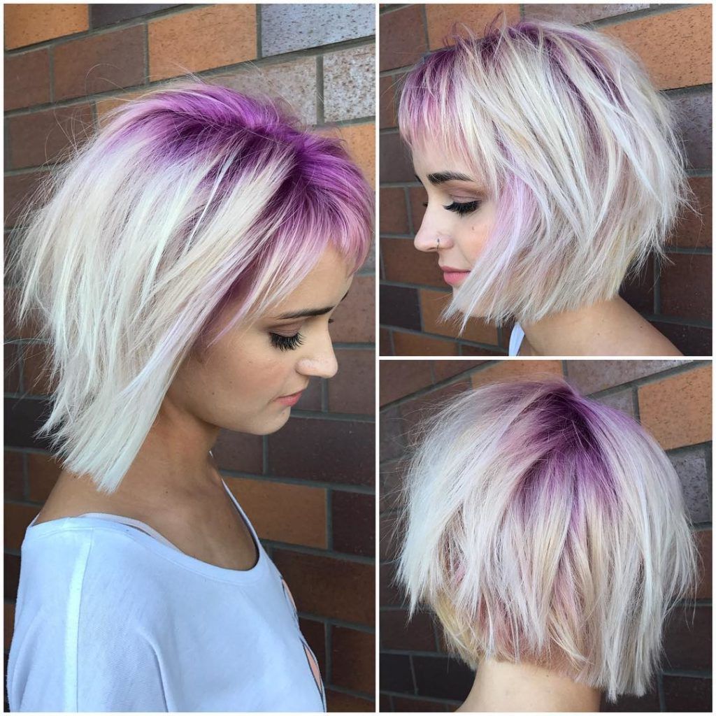 Women's Platinum Stacked Bob With Choppy Bangs And Pink Shadow Roots Pertaining To Short Messy Lilac Hairstyles (View 12 of 20)