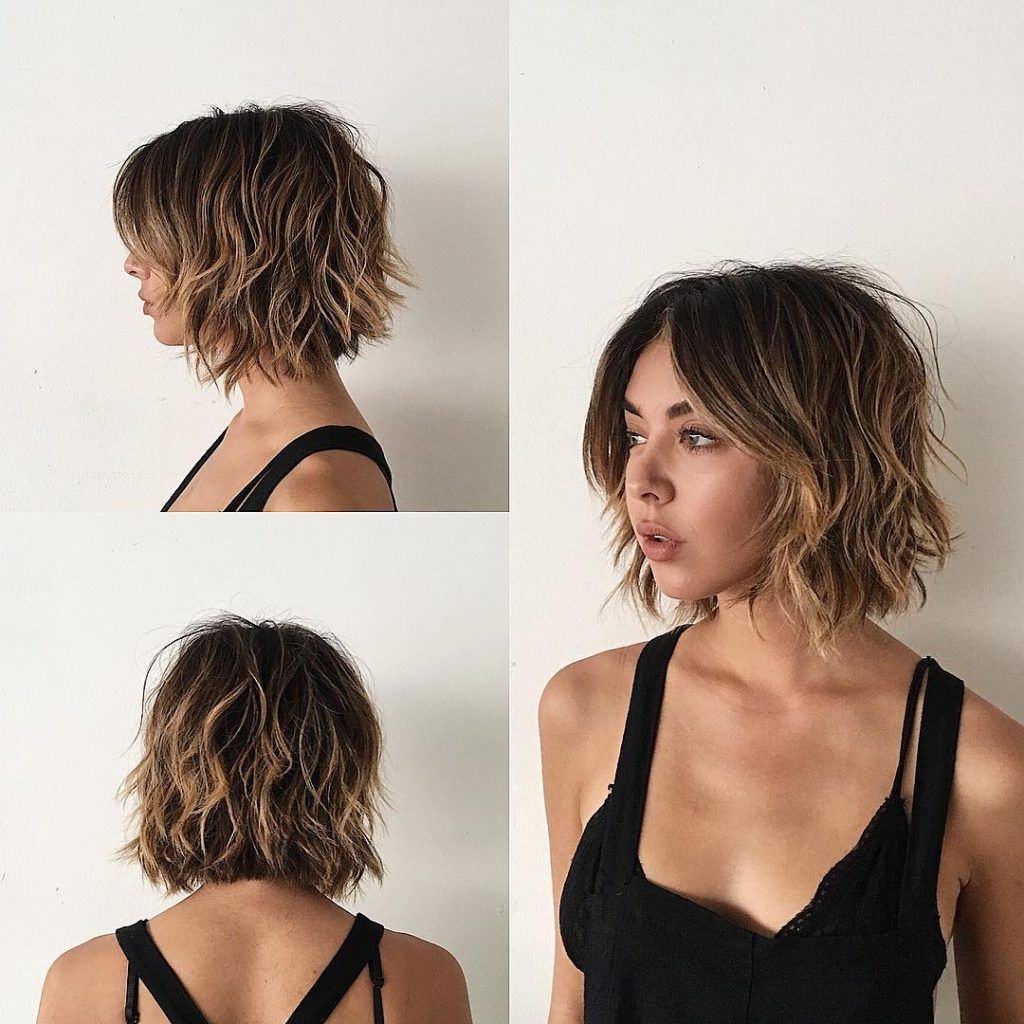 Women's Sexy Layered Bob With Curtain Bangs And Undone Wavy Texture Within One Length Balayage Bob Hairstyles With Bangs (View 11 of 20)
