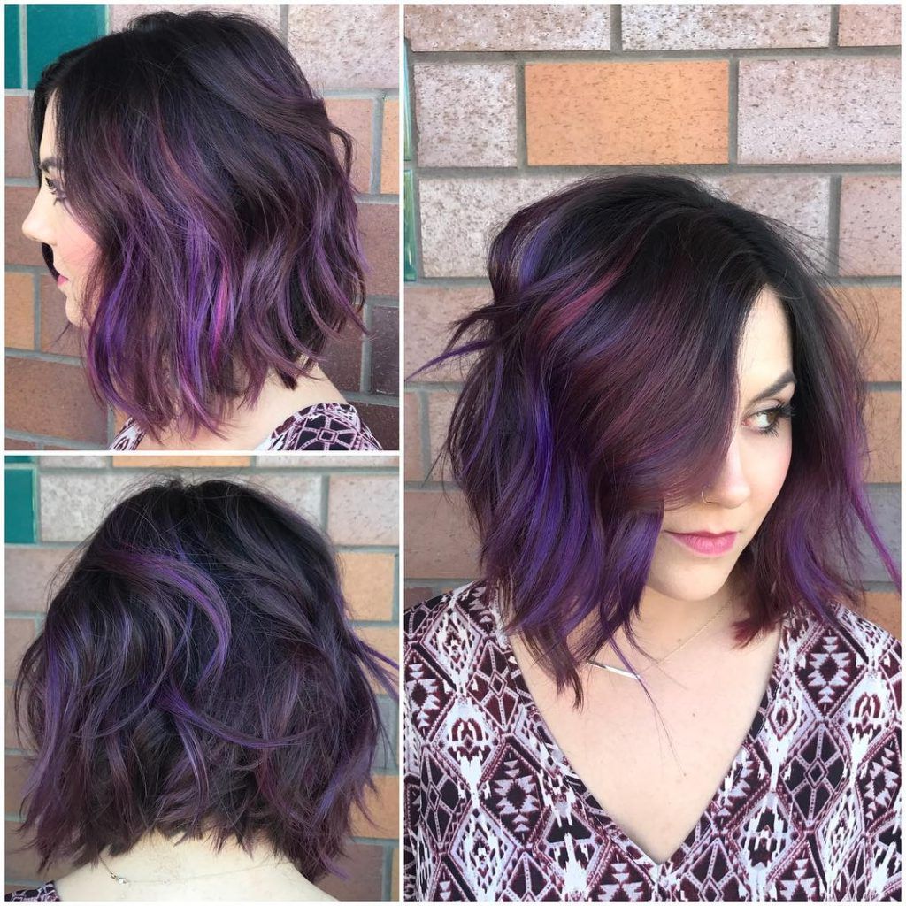Most Recent Purple And Black Medium Hairstyles Intended For Women's Black Wavy Textured Bob With Purple And Burgundy Highlights (View 1 of 20)