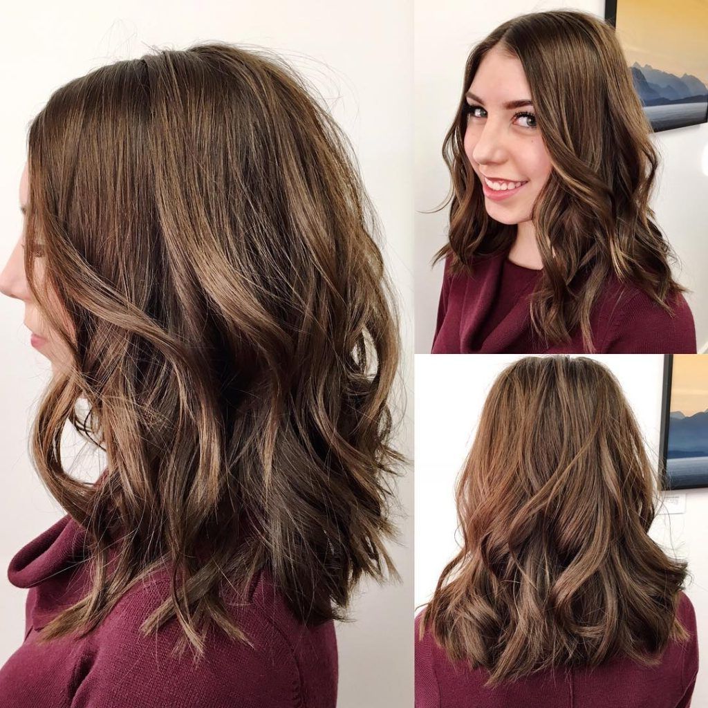 Recent Center Part Medium Hairstyles For Brown Soft Layered Lob With Waves And Center Part Medium Length (View 15 of 20)