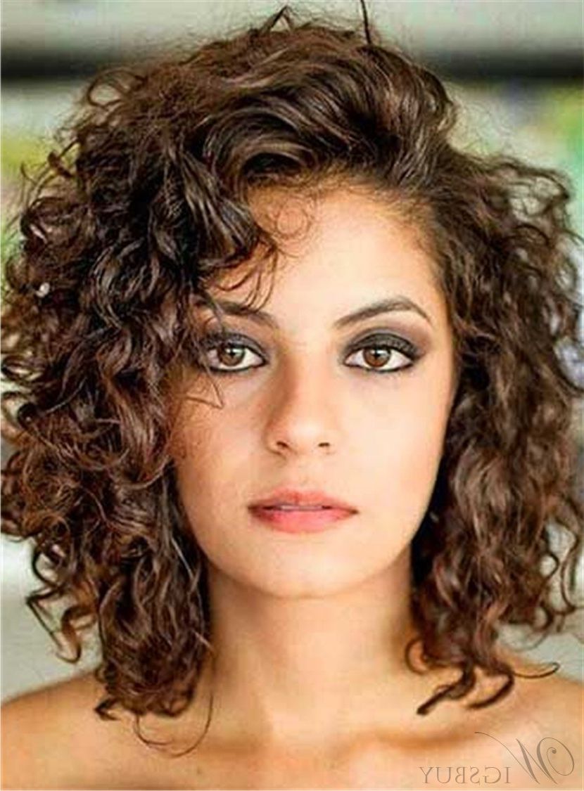 Side Swept Bangs Curly Mid Length Human Hair Lace Front Wigs 12 With Regard To Widely Used Medium Hairstyles Side Swept Bangs (View 19 of 20)