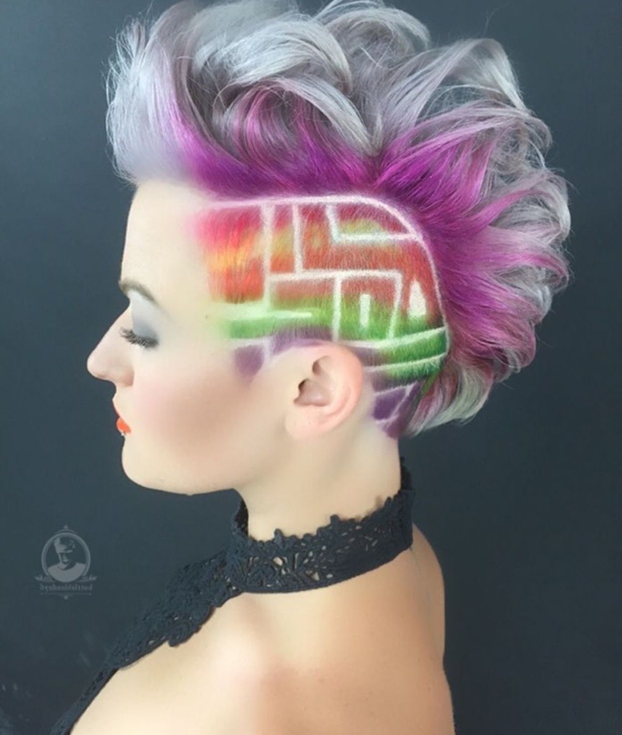 Square Maze Undercut And Rainbow Hair Color Idea For Short Hair For Trendy Spiky Mohawk Hairstyles With Pink Peekaboo Streaks (View 18 of 20)