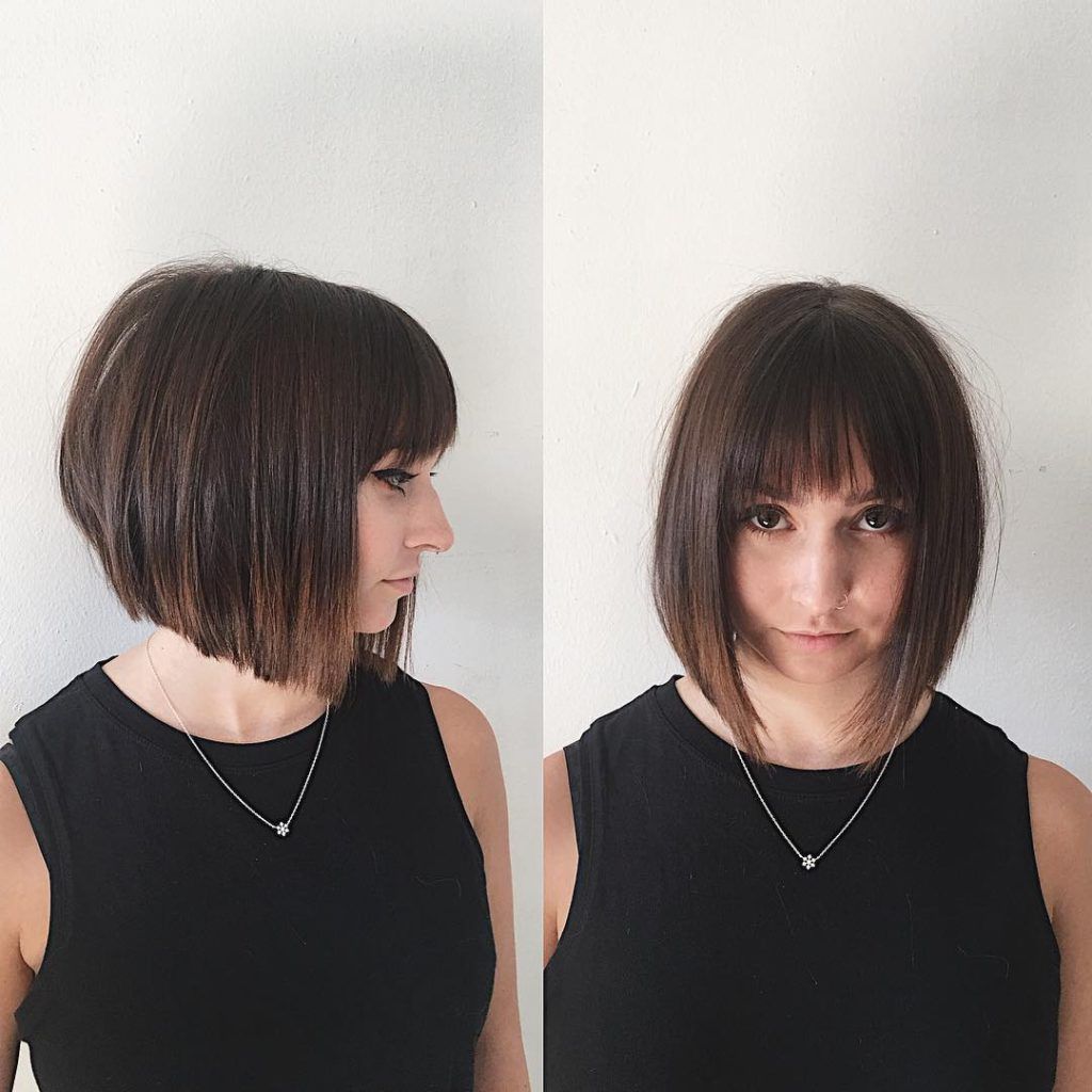 Women's Chic Blunt Angled Bob With Feathered Bangs And Brunette Regarding Well Known Posh Medium Hairstyles (View 13 of 20)