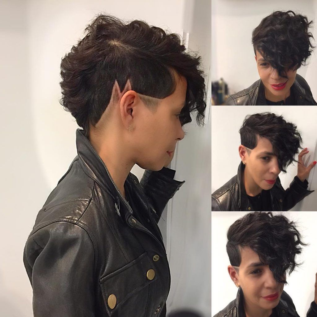 Women's Chic Wavy Faux Hawk With Shaved Line Art And Fade Short In Most Up To Date Asymmetrical Pixie Faux Hawk Hairstyles (View 4 of 20)