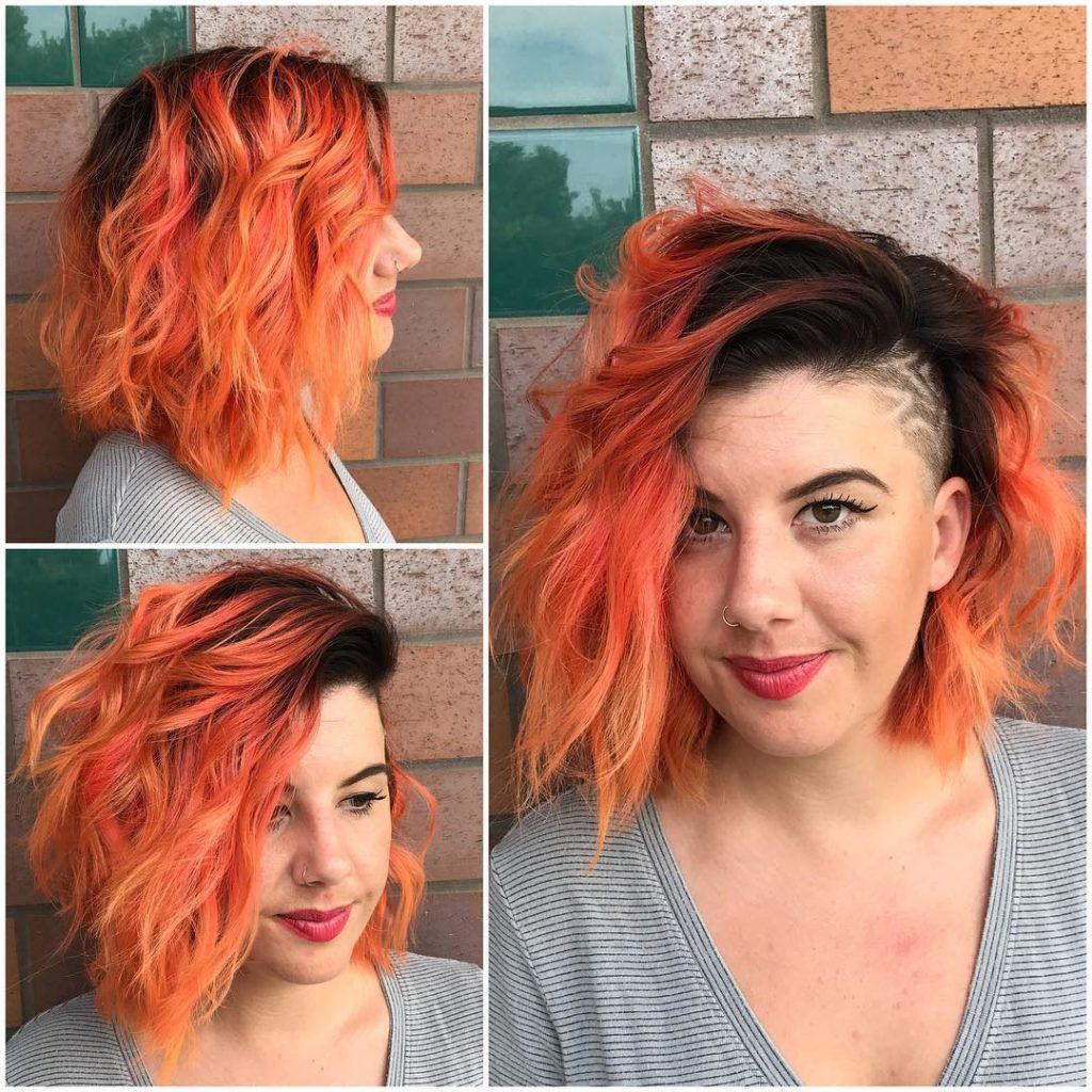Women's Messy Side Swept Wavy Bob With Orange Ombre Color And Shaved For Most Recent Medium Haircuts With Shaved Side (View 4 of 20)
