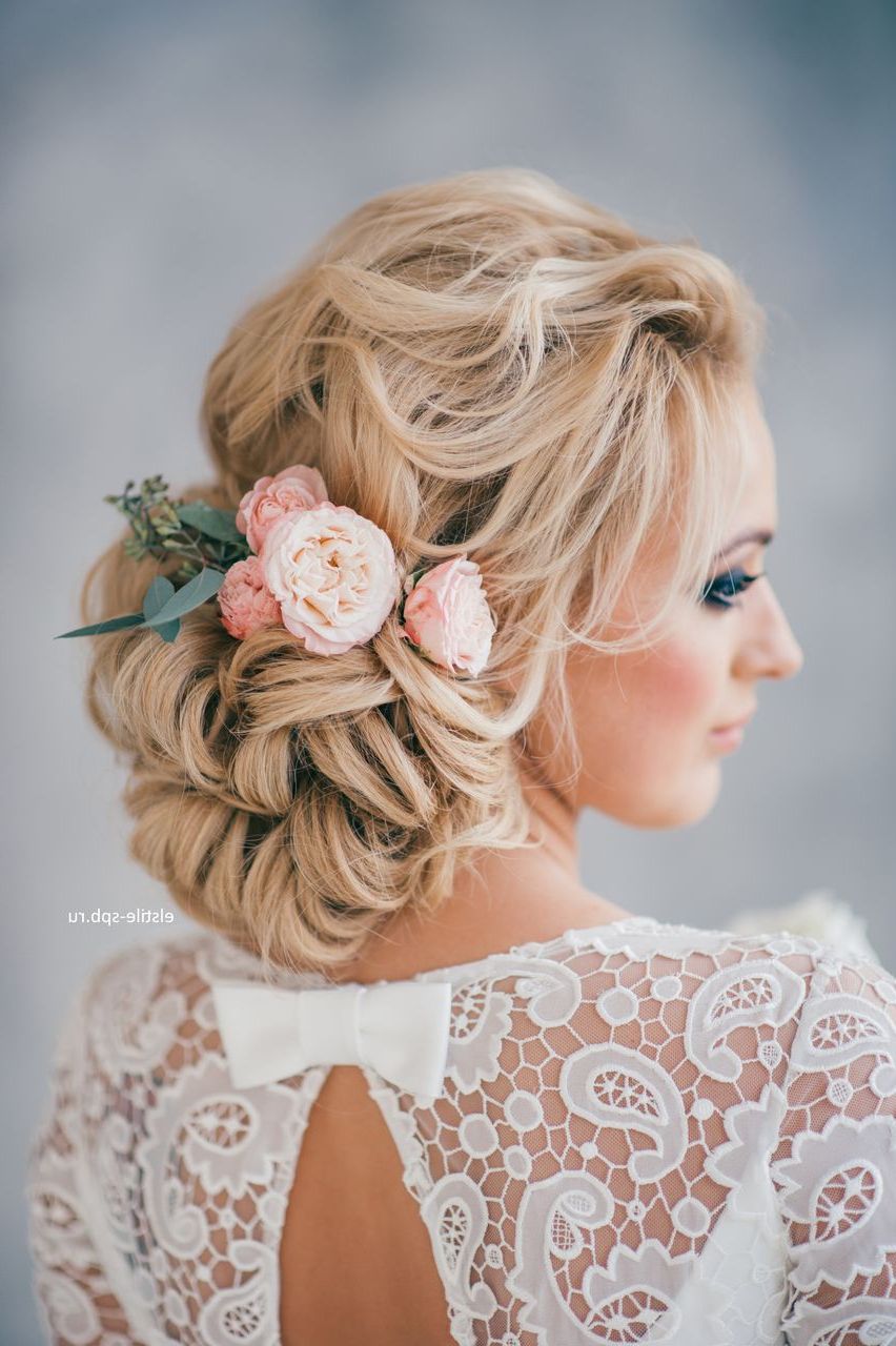 2017 Curly Wedding Updos With Flower Barrette Ties Pertaining To Wedding Hairstyles (View 15 of 20)