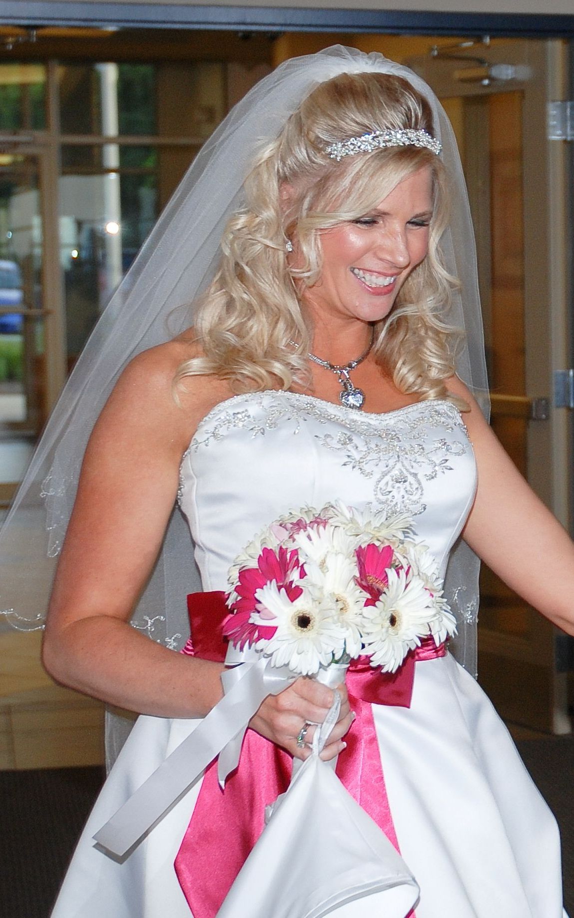 Bride #hair #hair Bump #formal Hair #white #pink #hot Pink #blonde For Most Popular Blonde Half Up Bridal Hairstyles With Veil (View 8 of 20)