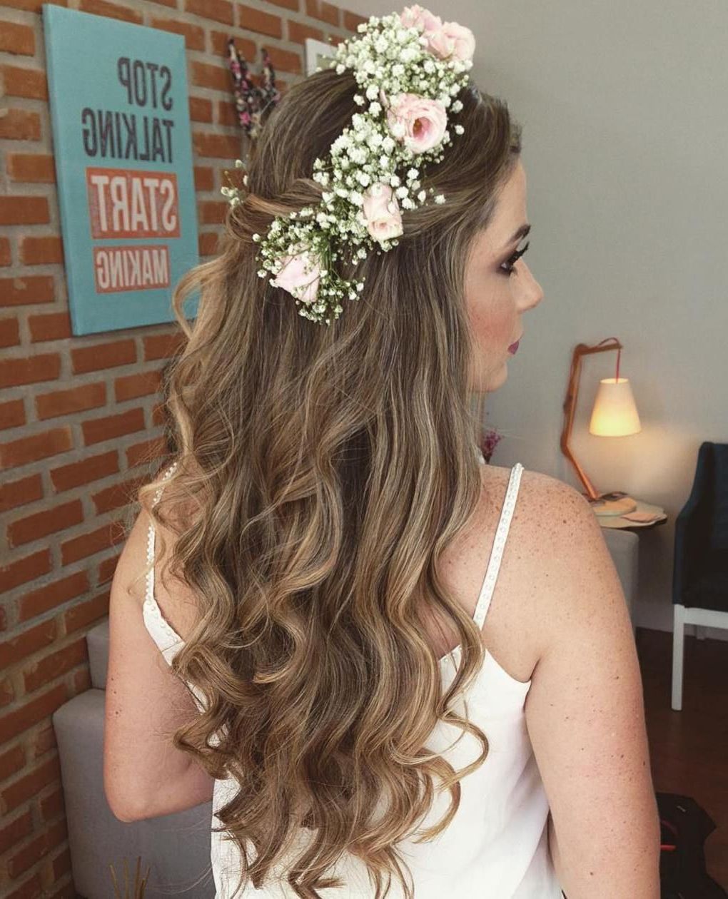 Half Up Half Down Wedding Hairstyles – 50 Stylish Ideas For Brides For Trendy Floral Crown Half Up Half Down Bridal Hairstyles (View 1 of 20)