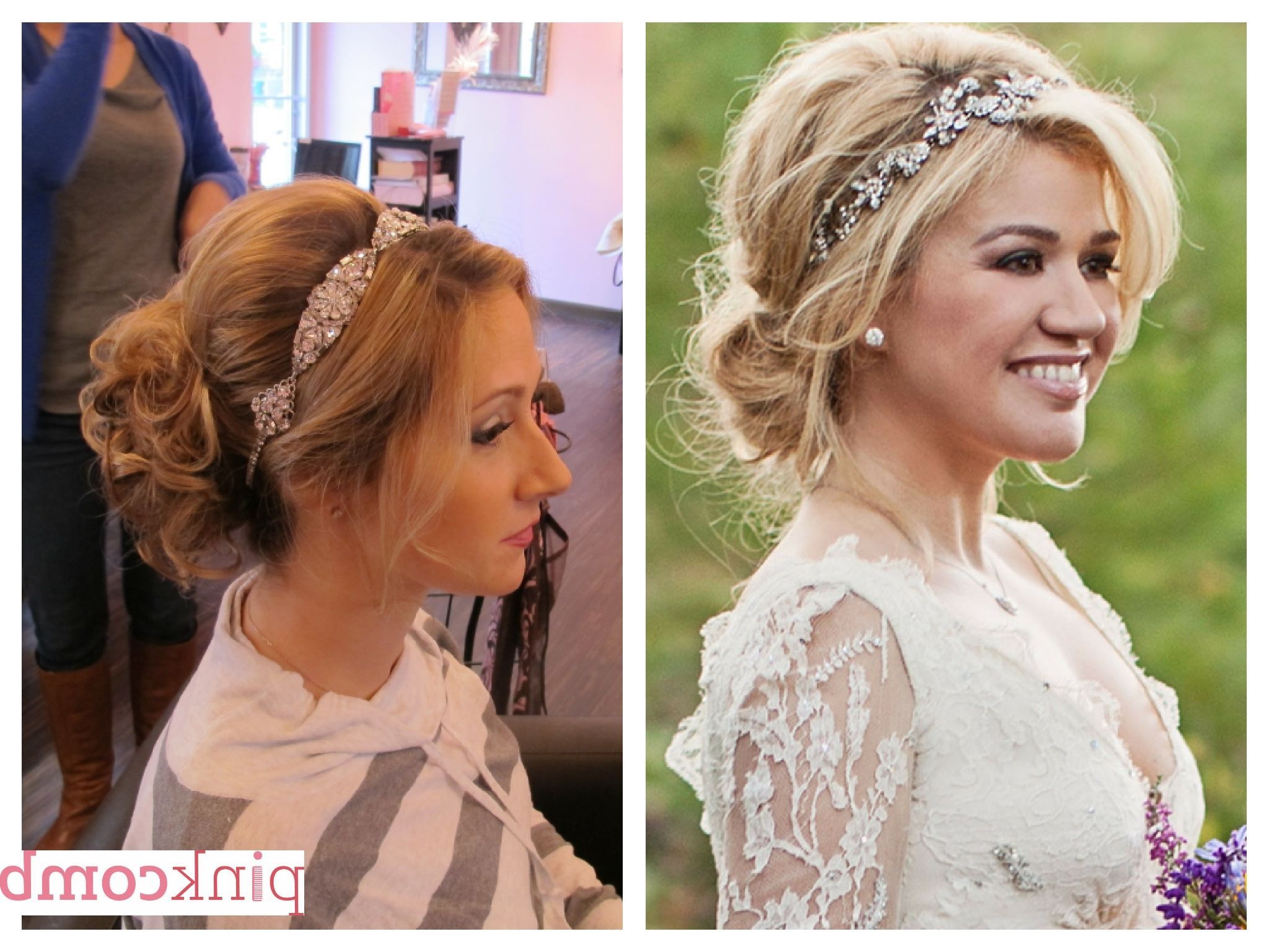 Kelly Clarkson Inspired Loose Blonde Updo With Curls Ad Headband Inside Most Recent Neat Bridal Hairdos With Headband (Gallery 20 of 20)