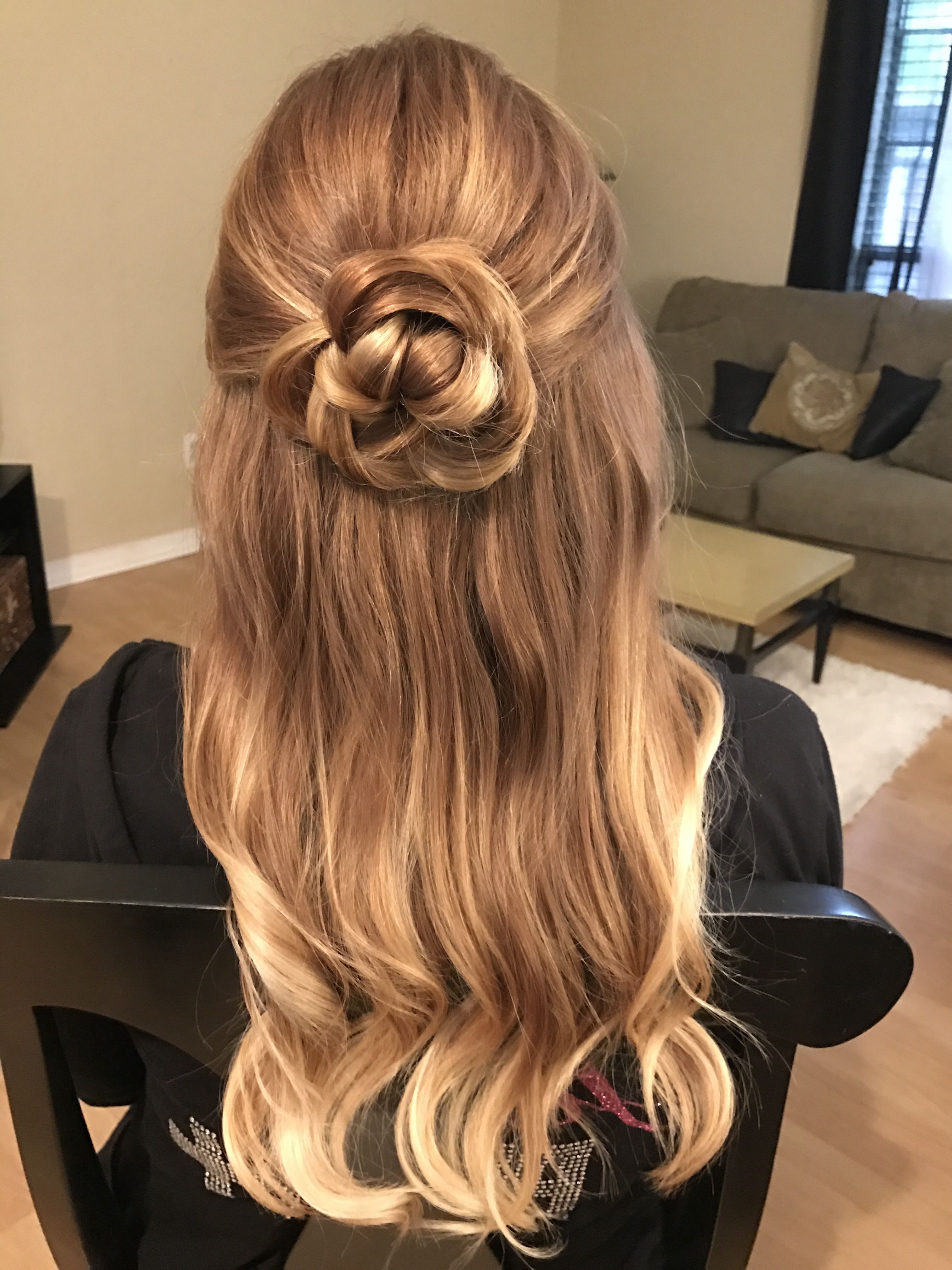 Rose Flower Hair Updo Half Up Half Down Hairstyle For Prom Bride Or Regarding Latest Golden Half Up Half Down Curls Bridal Hairstyles (View 7 of 20)