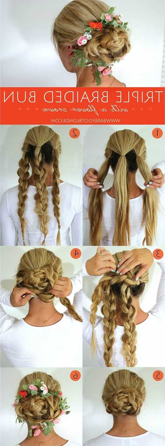 40 Braided Hairstyles For Long Hair Pertaining To 2018 Bun And Three Side Braids Prom Updos (View 19 of 20)