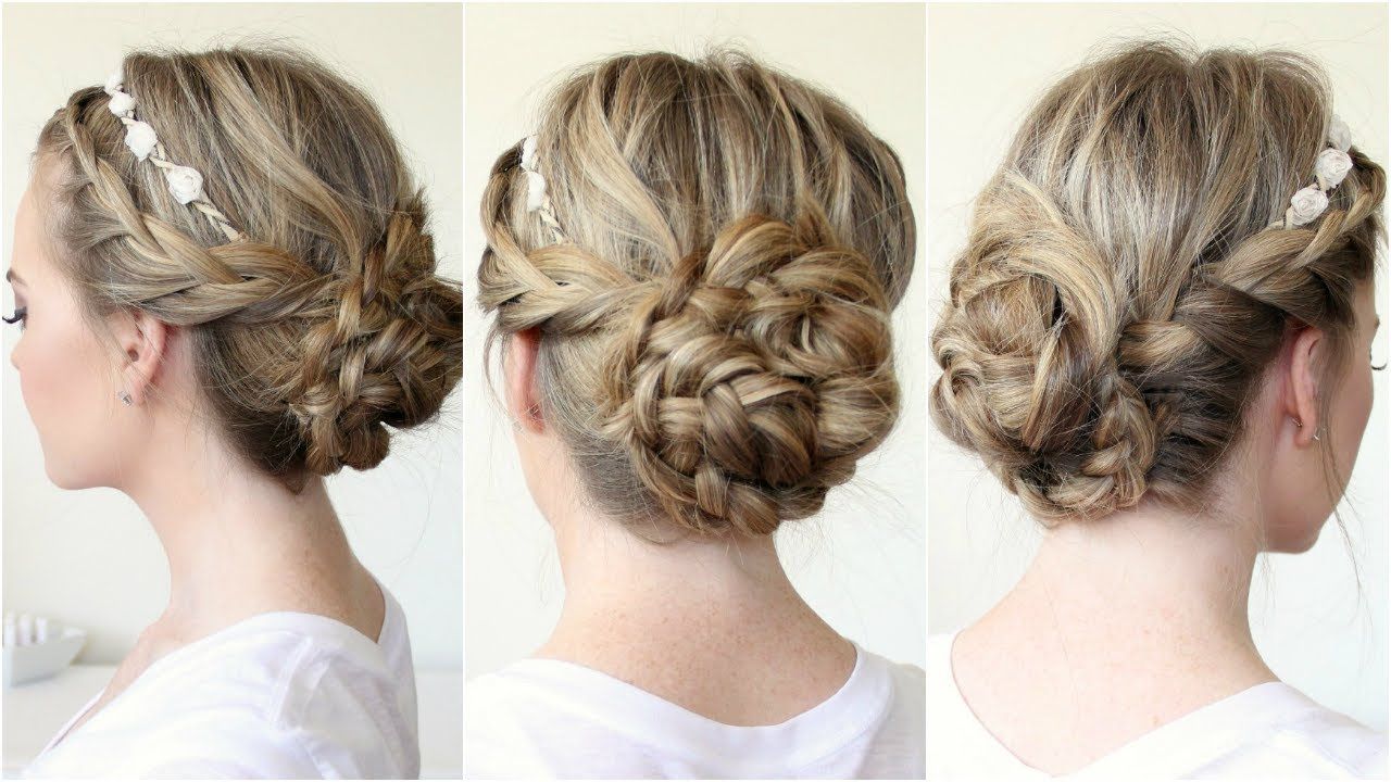 Braided Updo With A Flower Crown – Youtube Pertaining To Most Recently Released Floral Braid Crowns Hairstyles For Prom (View 1 of 20)