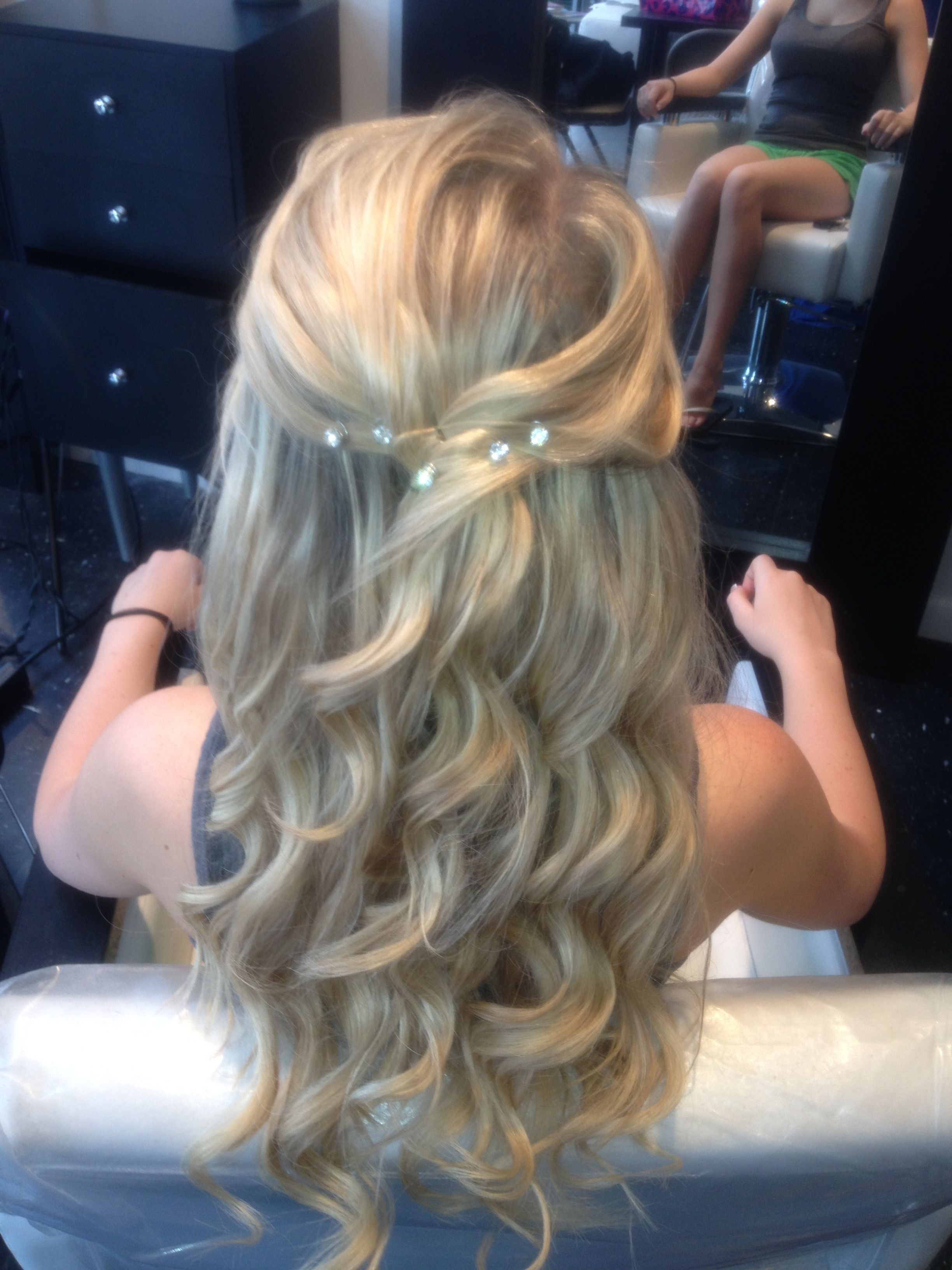 My Half Up Half Down Curled Prom Hair With Jewels (View 8 of 20)