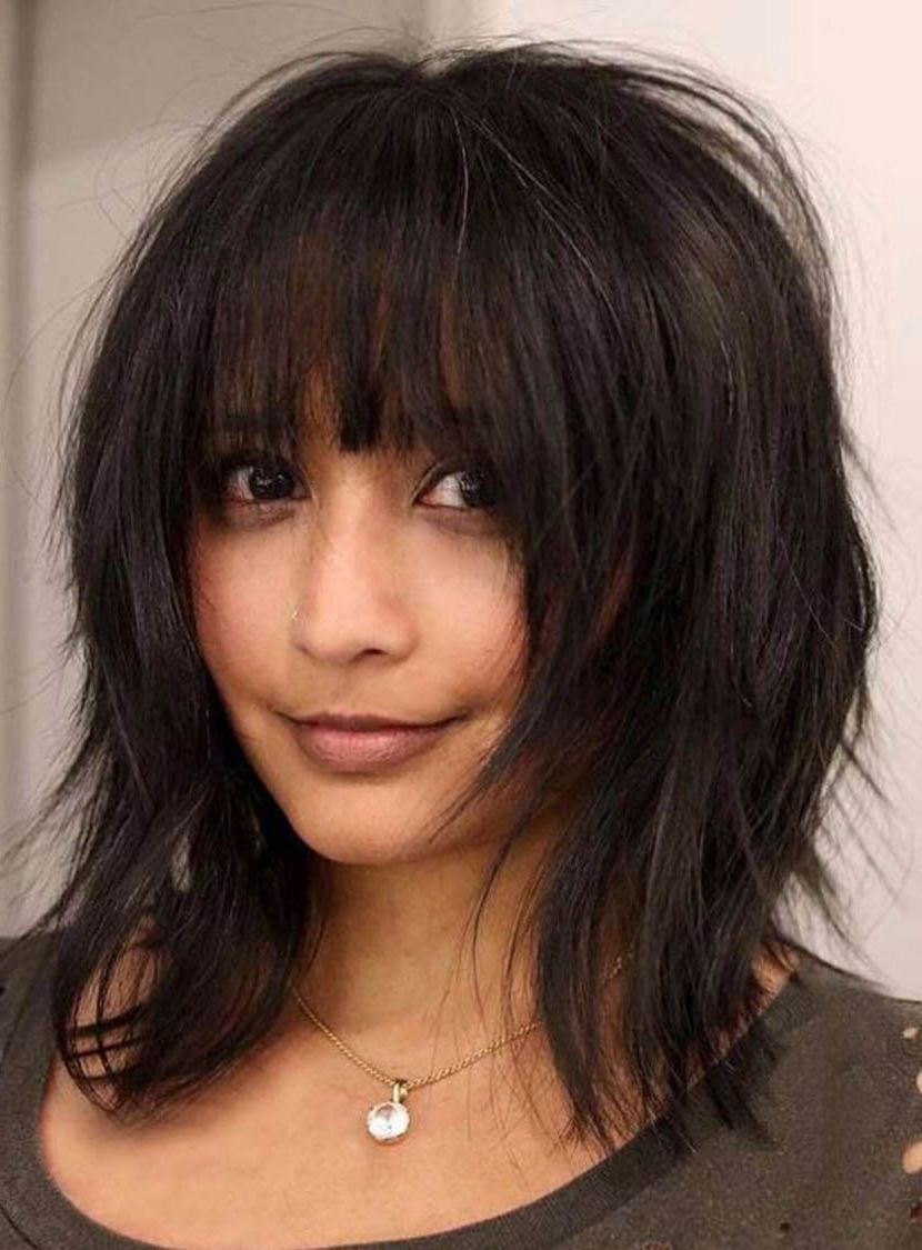 Popular Cute Bangs And Messy Texture Hairstyles For Layered Bob Messy Straight Medium Synthetic Hair With Bangs Capless (View 4 of 20)