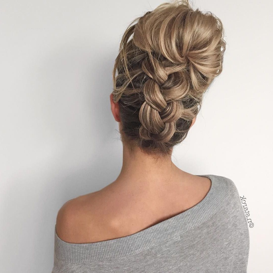 2019 Chunky French Braid Chignon Hairstyles Inside Upside Down Chunky Braid Into A Messy Bun (View 2 of 20)
