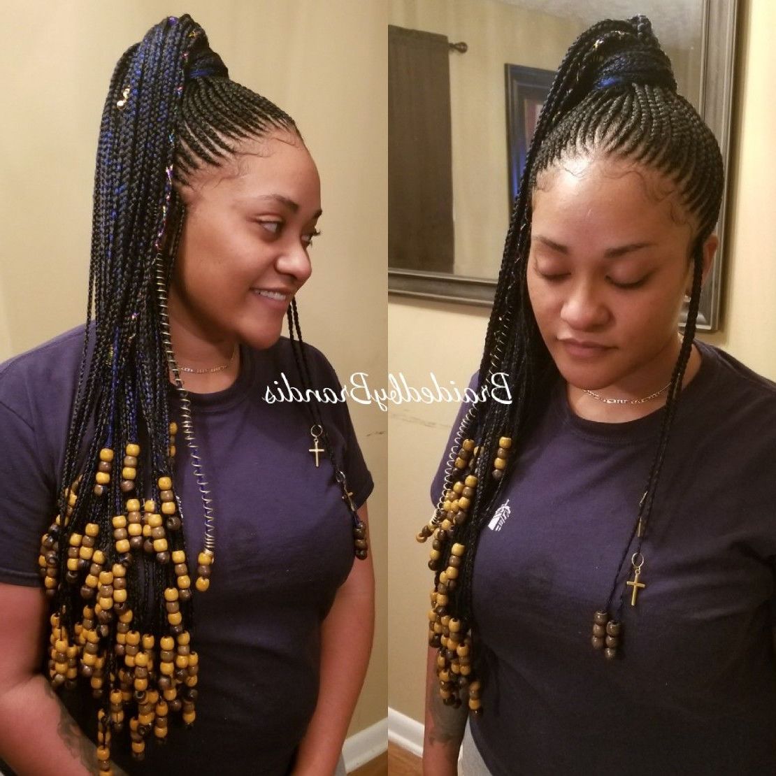 Blue Small Waist Length Feed In Ponytail With Beads (View 1 of 20)