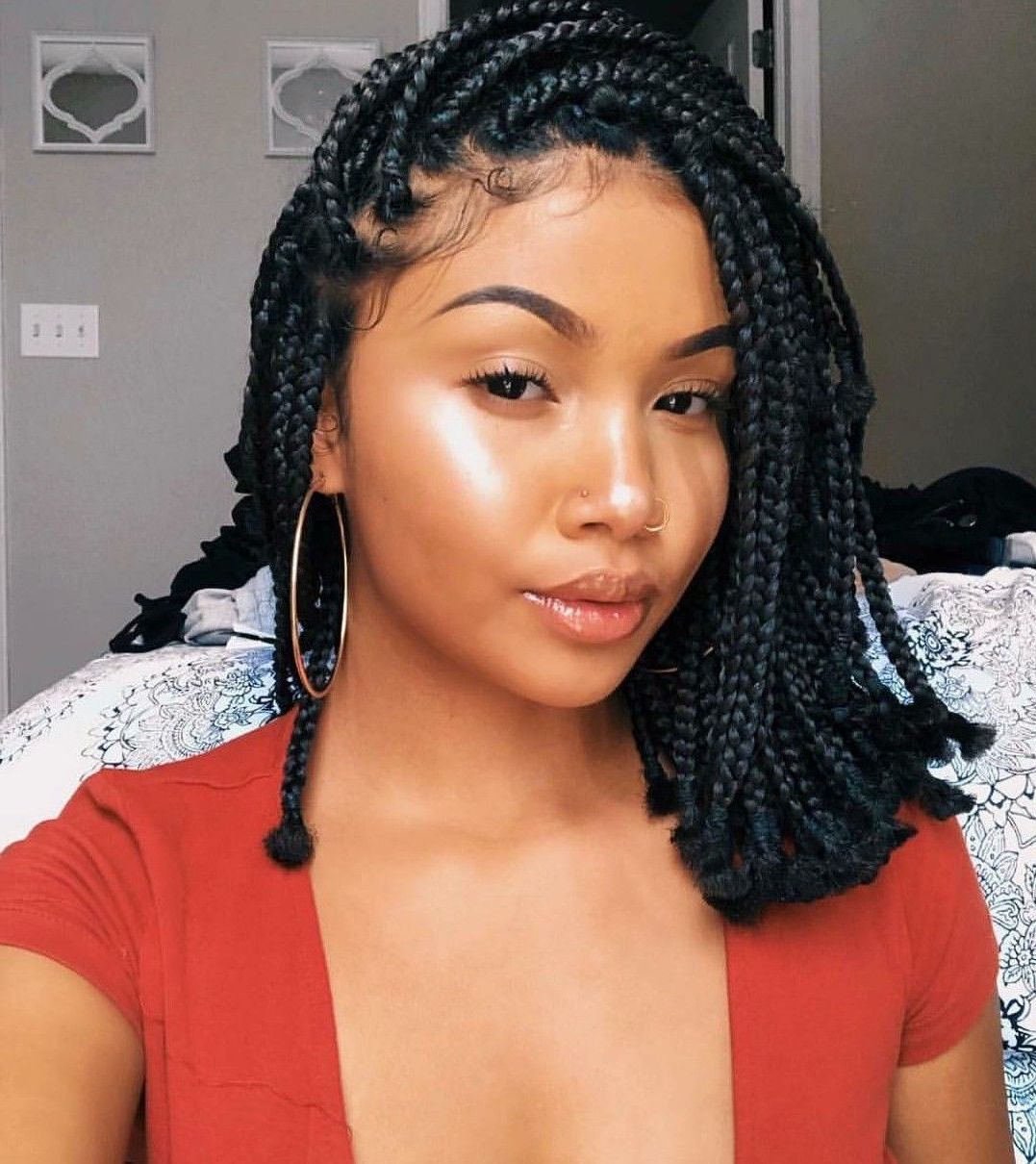 Newest Angled Cornrows Hairstyles With Braided Parts Throughout Medium Box Braids Hairstyles (View 15 of 20)